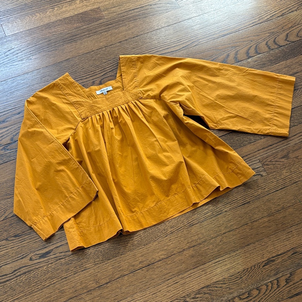 Madewell Mustard Yellow square neck wide sleeve Blouse, xxs, cotton